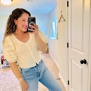 Sea New York Cream Pointelle Puff Sleeve Blouse Top Small